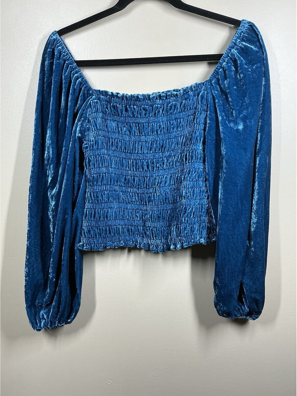 Anthropologie Teal Blue Velvet Smocked Puff Sleeve Top Size Small